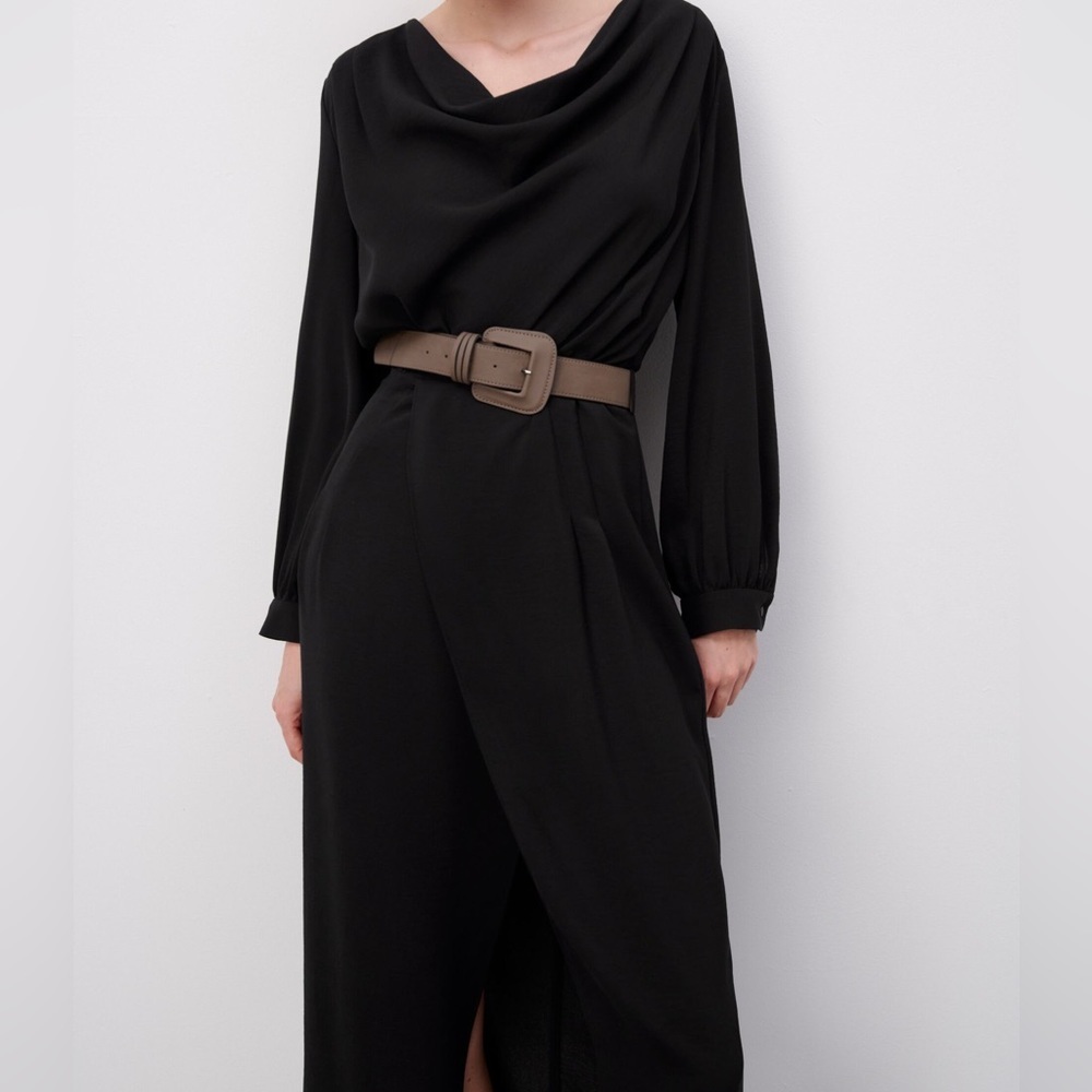 Black Belted Long Sleeve Grunge Midi Dress